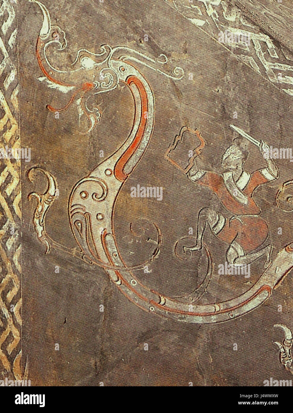 Grab-Kachel mit Drachen und Krieger Stockfoto