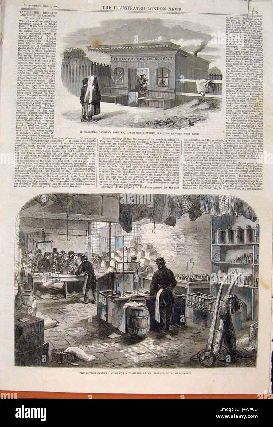 Die Cotton Famine, die während des Amerikanischen Bürgerkriegs auftrat, bezieht sich auf eine Zeit wirtschaftlicher Not in Großbritannien, die durch einen Mangel an Baumwolle aufgrund der Unterbrechung der amerikanischen Baumwollversorgung verursacht wurde. Sie hatte erhebliche wirtschaftliche und soziale Auswirkungen. Stockfoto