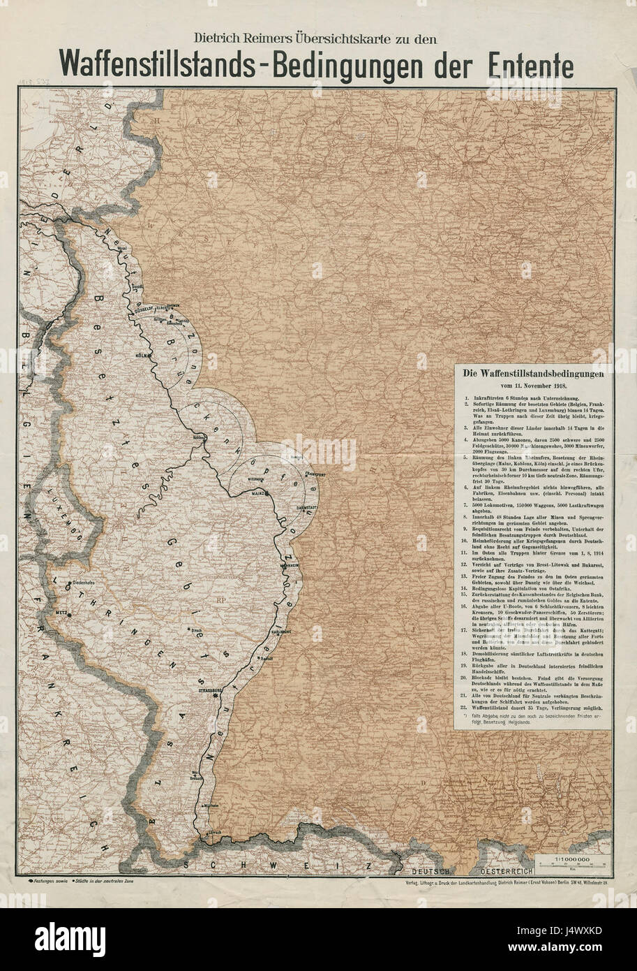 Die Waffenstillstände Bedingungen der Entente vom 11. November 1918' bezieht sich auf die Waffenstillstandsbedingungen der Entente-Mächte am 11. November 1918, die das Ende des Ersten Weltkriegs und die Einstellung der Feindseligkeiten markierten. Stockfoto