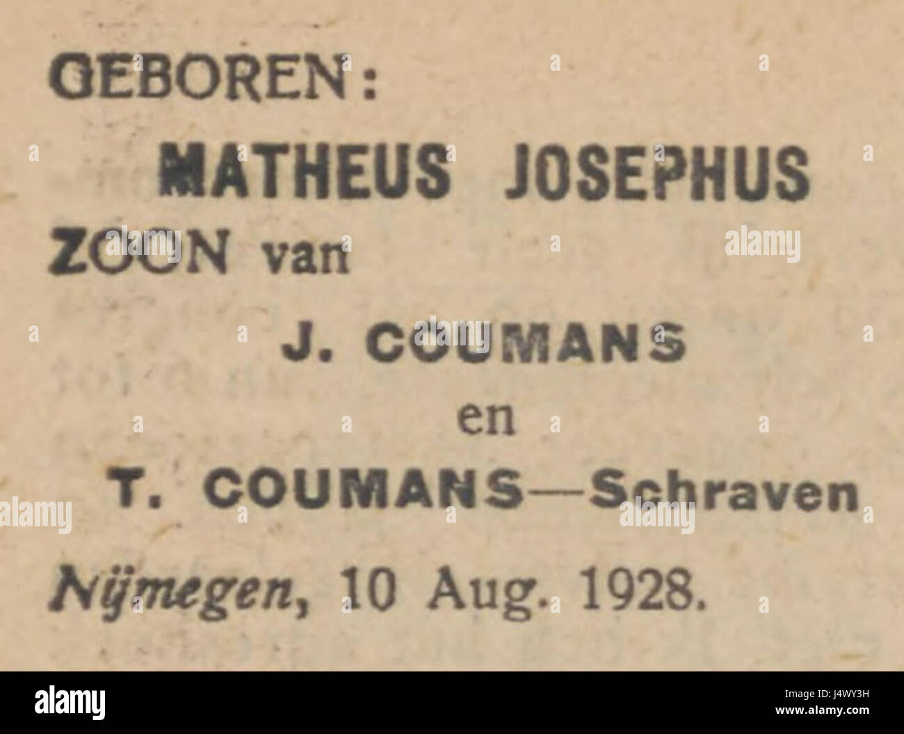 Eine Vintage-Anzeige der Tageszeitung Tilburgsche Courant, Band 64, Nummer 10629. Die Werbung fördert lokale Dienstleistungen oder Waren während des frühen 20. Jahrhunderts. Stockfoto