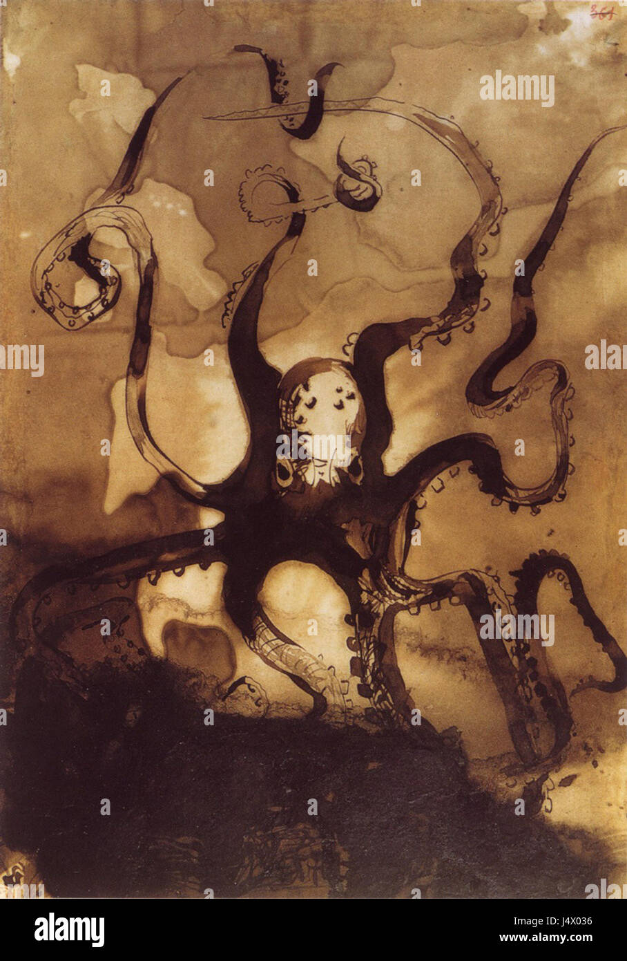 Victor Hugoâ Kunstwerk eines Oktopus spiegelt seine Erforschung der Meereslebewesen wider und zeigt seine Fähigkeit, literarische und künstlerische Elemente in einem einzigen Stück zu kombinieren. Stockfoto