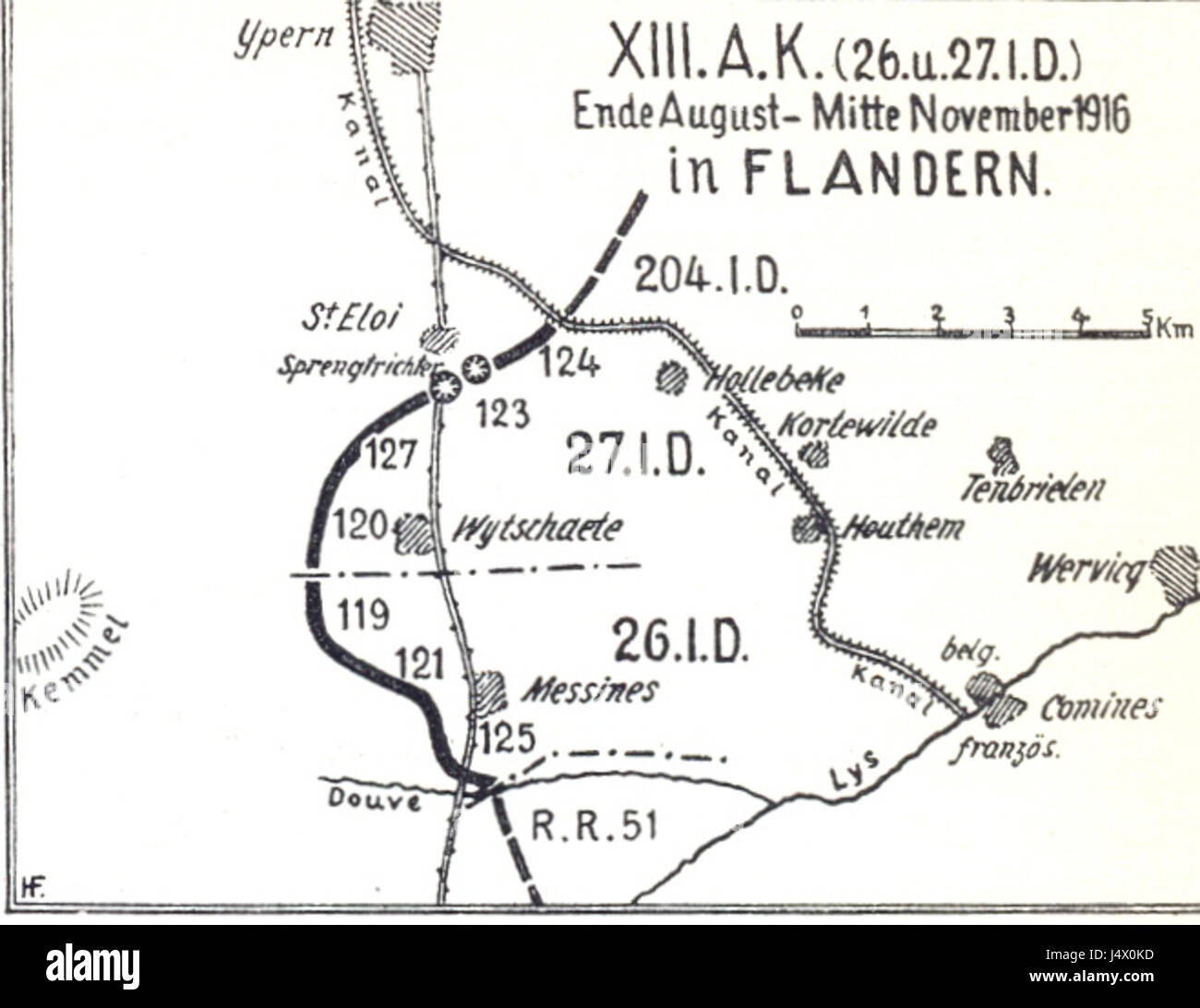 Dies bezieht sich auf eine Militäreinheit, die XIII. A. K. Flandern, die während des Ersten Weltkriegs Teil der deutschen Armee war und 1916 an bedeutenden Schlachten an der Westfront beteiligt war. Stockfoto