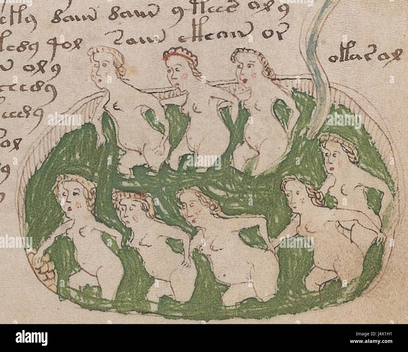 Das Voynich-Manuskript, insbesondere der Teil des Folios 78r, ist einer der geheimnisvollsten und unentzifferten Texte. Es handelt sich um ein illustriertes Manuskript, das mit unbekannten Symbolen und Zeichnungen gefüllt ist und nach wie vor Gegenstand umfangreicher Forschung und Intrigen ist. Stockfoto