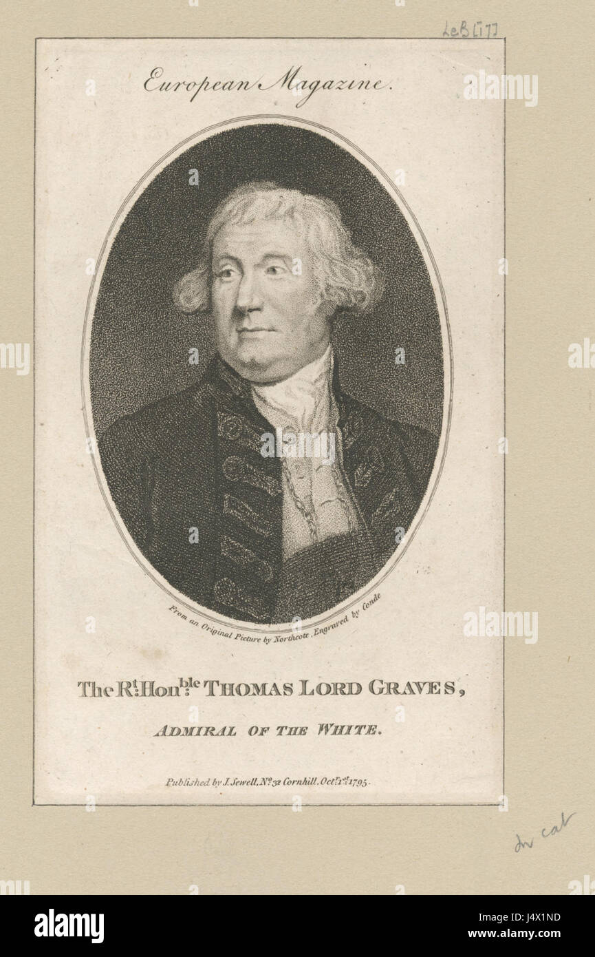 Dieses Porträt zeigt die Rt. Thomas Lord Graves, ein wichtiger britischer Marineoffizier und Admiral der Weißen. Graves spielten im 18. Jahrhundert eine bedeutende Rolle in Seeschlachten und trugen zur britischen Vorherrschaft bei. Stockfoto