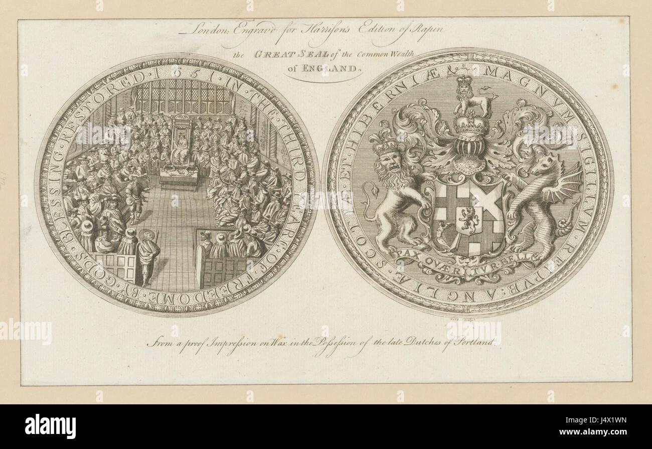 Bild des Großen Siegels des Commonwealth of England, ein bedeutendes Symbol der englischen Republik Mitte des 17. Jahrhunderts, während der Herrschaft von Oliver Cromwell. Stockfoto Bild des Großen Siegels des Commonwealth of England, ein bedeutendes Symbol der englischen Republik Mitte des 17. Jahrhunderts, während der Herrschaft von Oliver Cromwell. Stockfoto