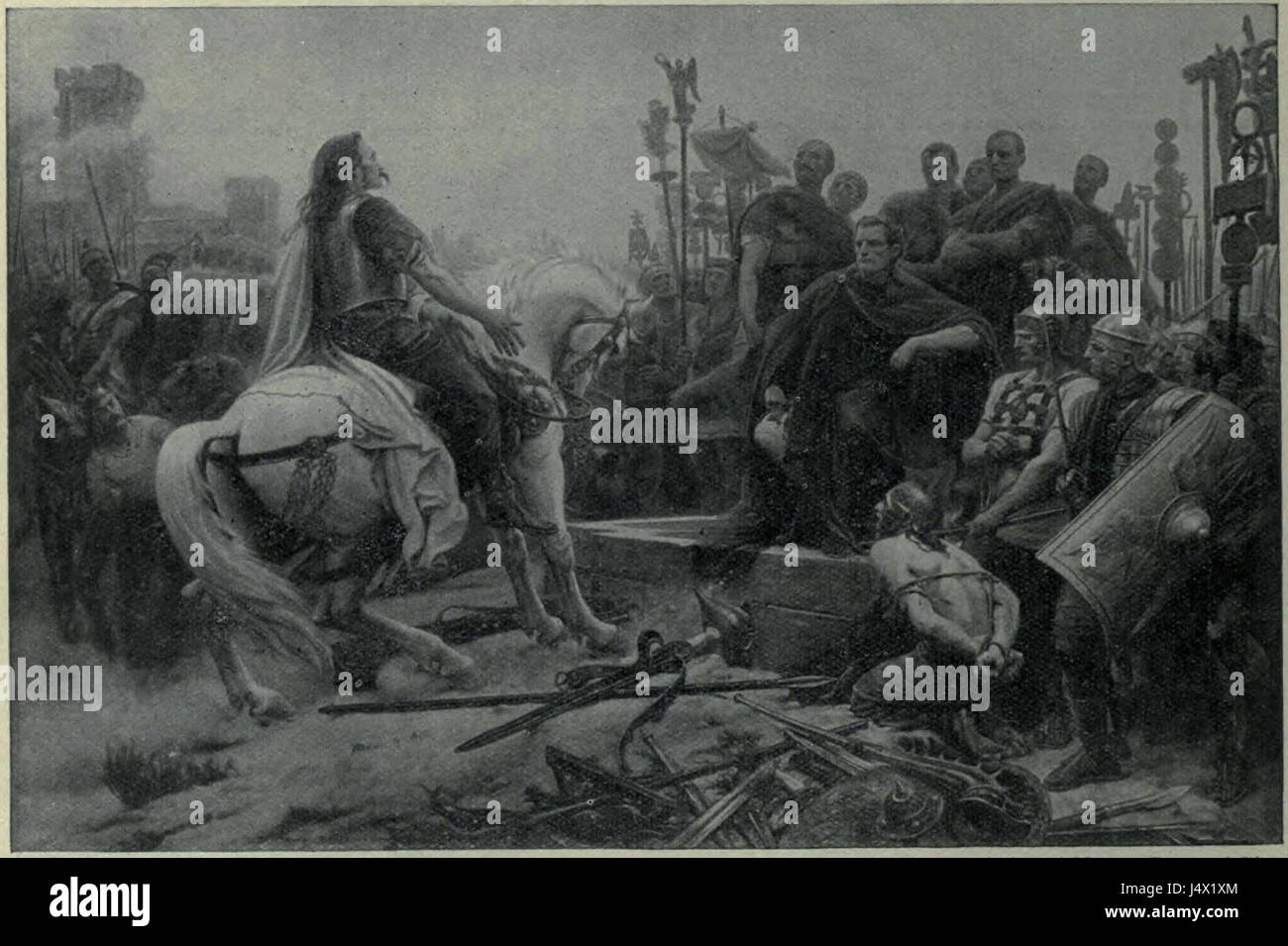 Vercingetorix war ein Häuptling des Arverni-Stammes in Gallien, der sich bekanntermaßen den römischen Truppen Julius Cäsars widersetzte. Seine Kapitulation an Cäsar markierte einen entscheidenden Moment in den Gallischen Kriegen und beeinflusste die Geschichte Frankreichs und des Römischen Reiches. Stockfoto