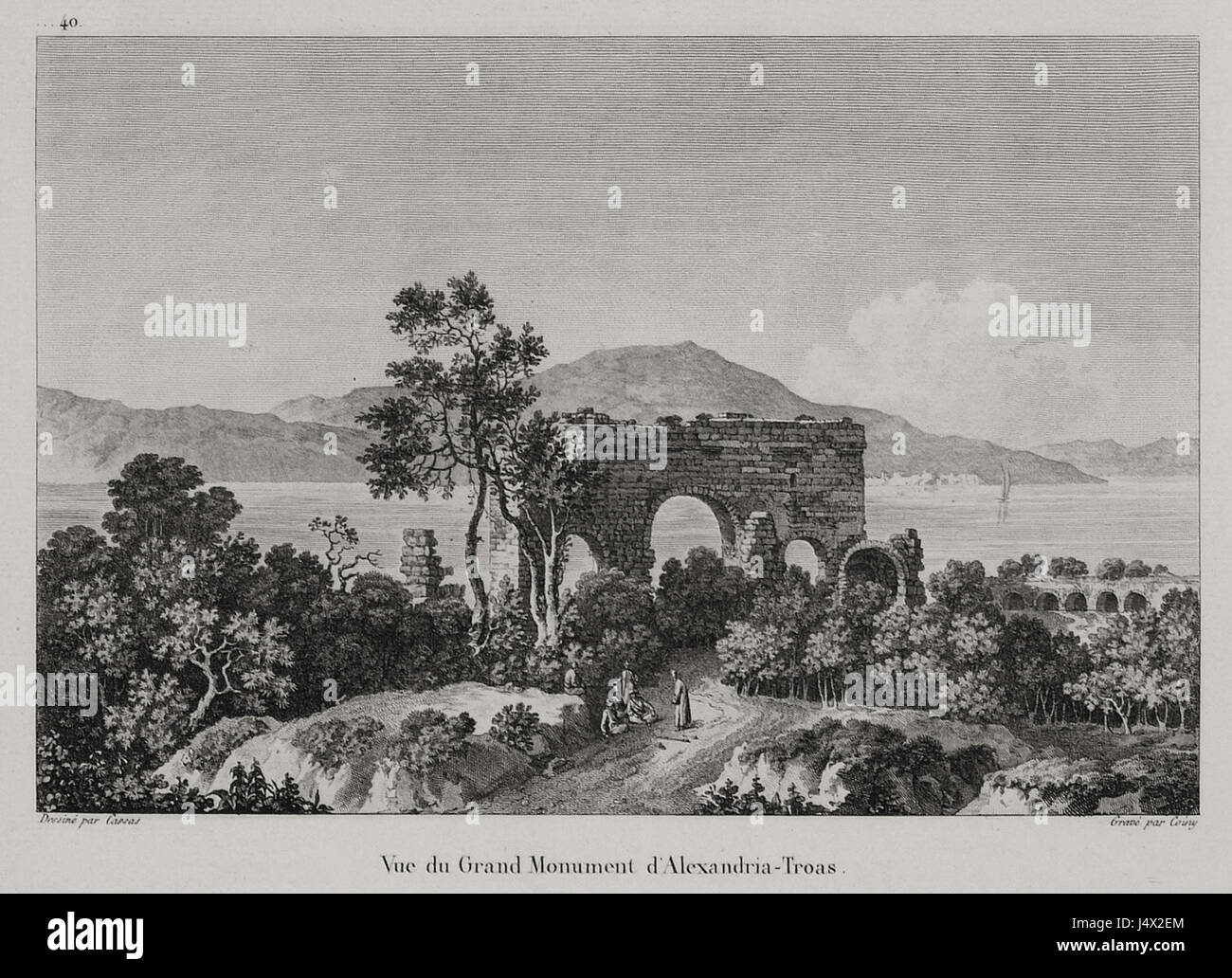 Dieses Bild zeigt das große Denkmal in Alexandria tROAS, einer antiken Stadt in der heutigen Türkei, die den architektonischen Stil der Region im frühen 19. Jahrhundert zeigt. Stockfoto