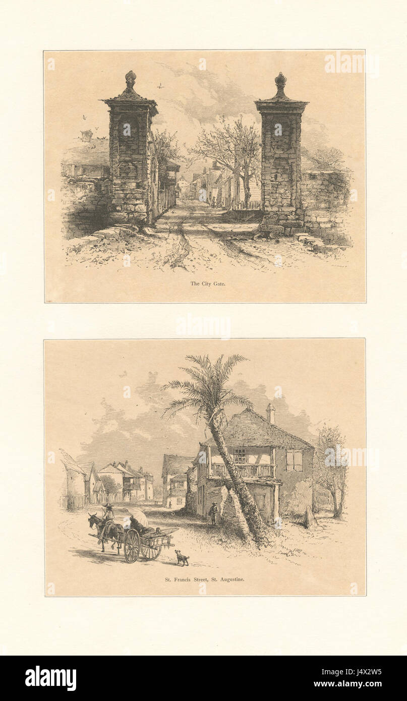 Das Stadttor an der St. Francis Street, St. Augustine, ist ein historisches Wahrzeichen in Florida. Es markiert den Eingang zur Stadt aus der Kolonialzeit und symbolisiert ihre Rolle in der amerikanischen Geschichte und den Einfluss der spanischen Kolonialzeit. Stockfoto
