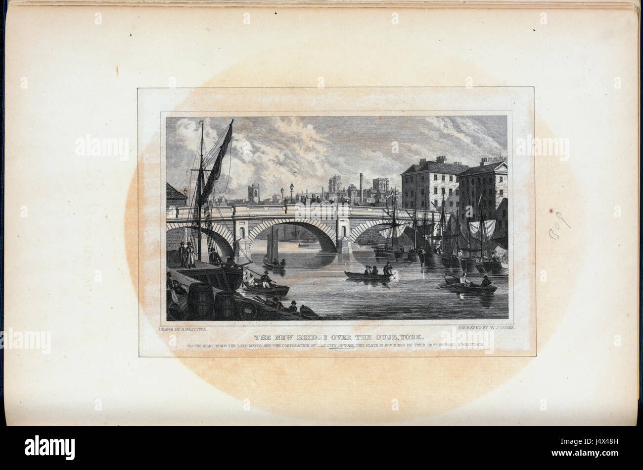 Die Gravur zeigt die neue Brücke über den Fluss Ouse in York, England, und zeigt die technische Leistung und den Entwurf der Brücke im 19. Jahrhundert. Stockfoto