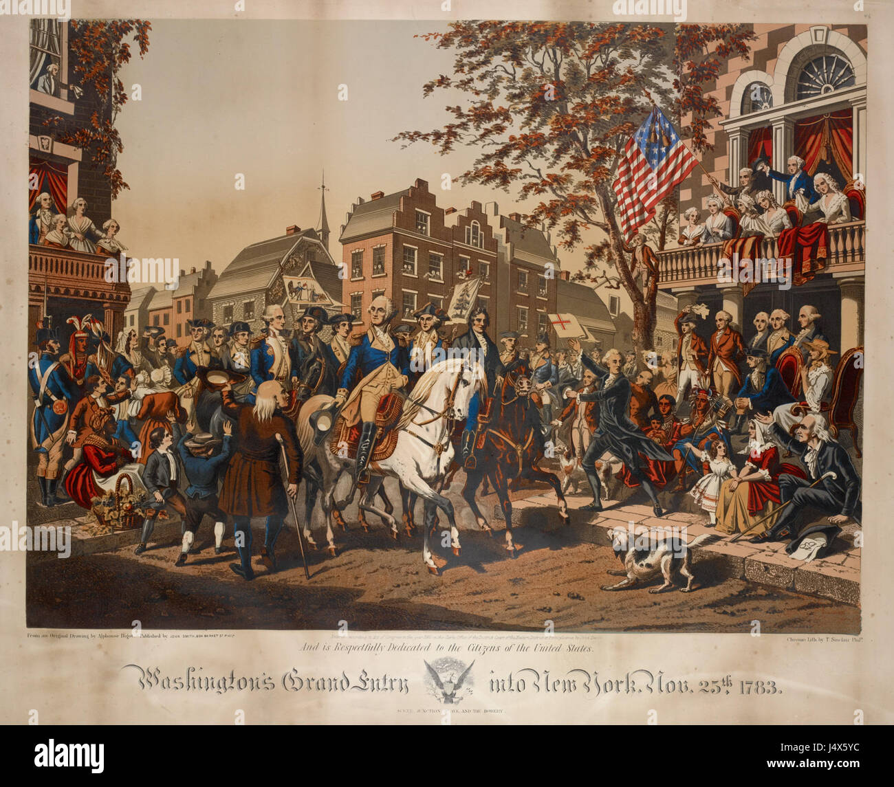 Am 25. November 1783 machte George Washington seinen triumphalen Einzug nach New York City nach der Amerikanischen Revolution. Die Szene an der Kreuzung von 3rd Avenue und Bowery ist ein bemerkenswerter Moment in der Geschichte der USA und markiert das Ende der britischen Herrschaft in der Stadt. Stockfoto
