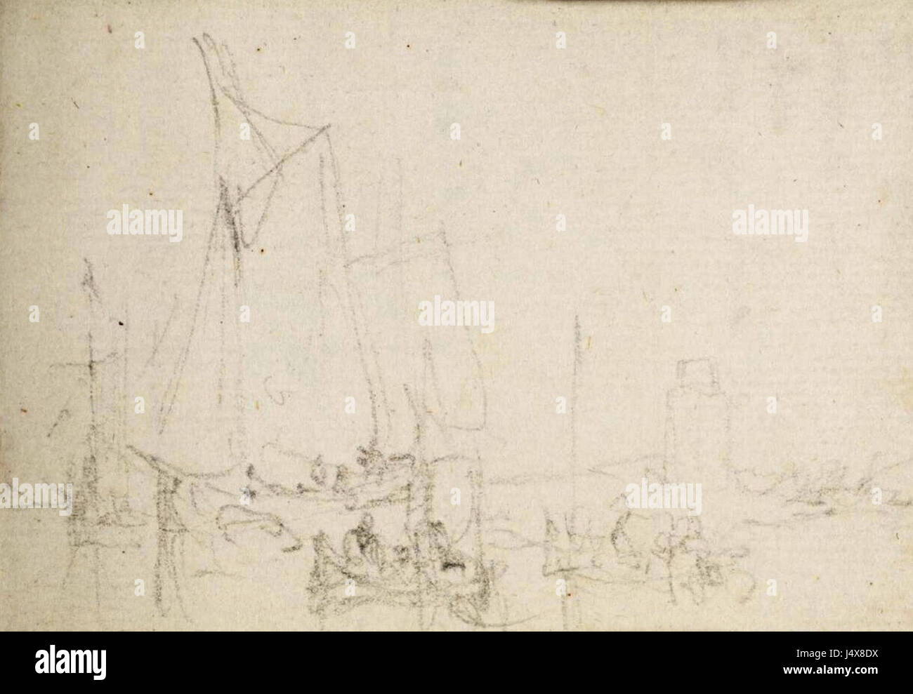 Dieses Werk von Joseph Mallord William Turner mit dem Titel „Study for Dort“ ist eine vorbereitende Zeichnung für sein Ölgemälde. Das Stück veranschaulicht Turners frühe Auseinandersetzung mit der Landschaftsmalerei mit atmosphärischen Effekten und dramatischer Beleuchtung. Stockfoto