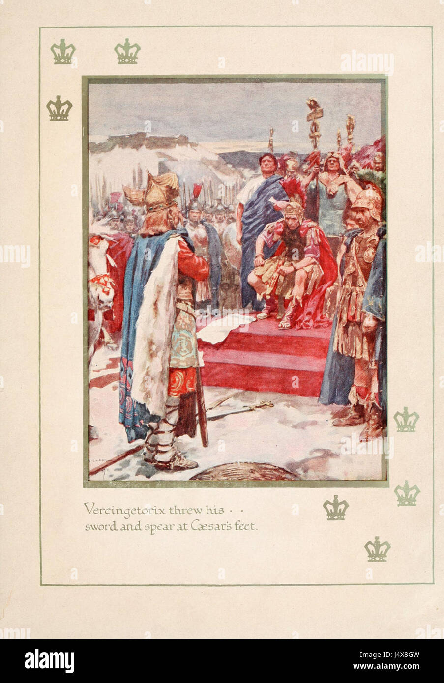 Der historische Moment, als Vercingetorix, ein gallischer Häuptling, sich nach der Schlacht von Alesia 52 v. Chr. Julius Cäsar ergab. Vercingetorix warf sein Schwert und seinen Speer auf Caesarâ Füße und markierte damit das Ende des gallischen Widerstands. Stockfoto