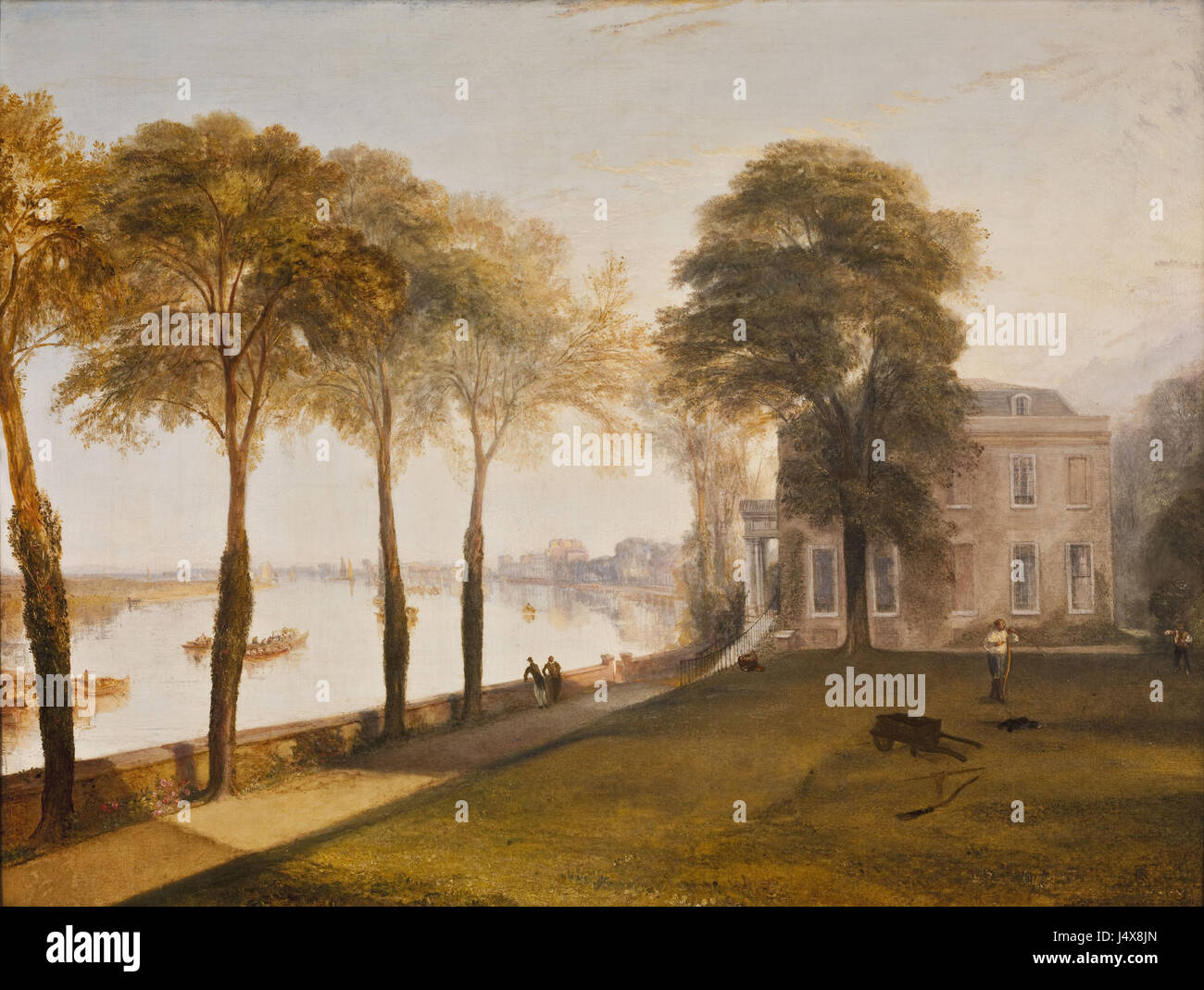Turner Mortlake Terrace Early Summer Morning*, gemalt von J.M.W. Turner im Jahr 1826, zeigt eine ruhige Frühsommerszene in Mortlake, London. Das Gemälde zeigt Turners Beherrschung von Licht und Atmosphäre und fängt die Ruhe des morgens ein. Stockfoto