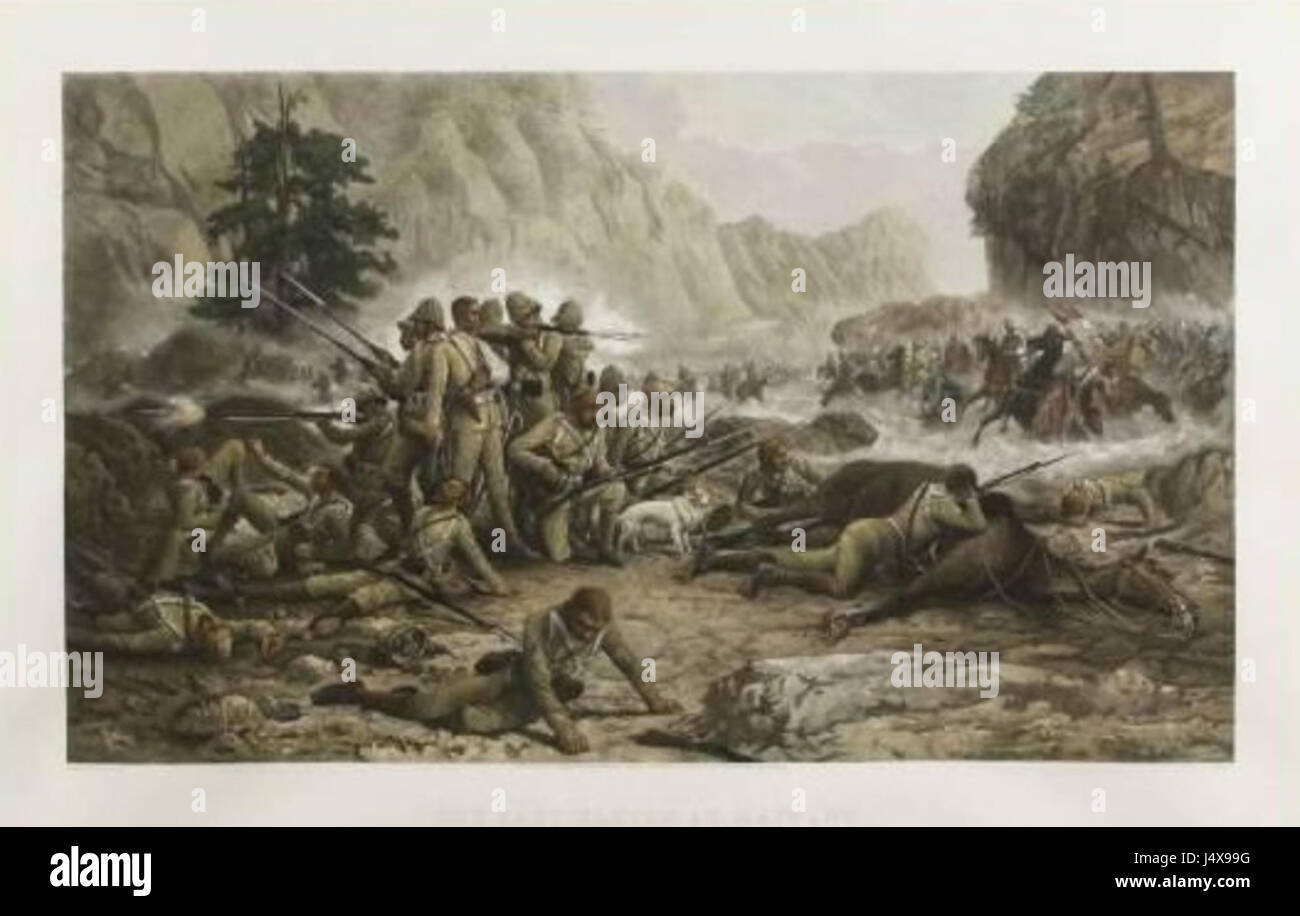 The Last Eleven at Maiwand bezieht sich auf ein Gemälde oder Bild, das die letzten Momente einer Gruppe von Soldaten in der Schlacht von Maiwand (1880) während des Zweiten Anglo-Afghanischen Krieges darstellt. Die Schlacht war geprägt von schweren Verlusten für die britischen Streitkräfte. Stockfoto