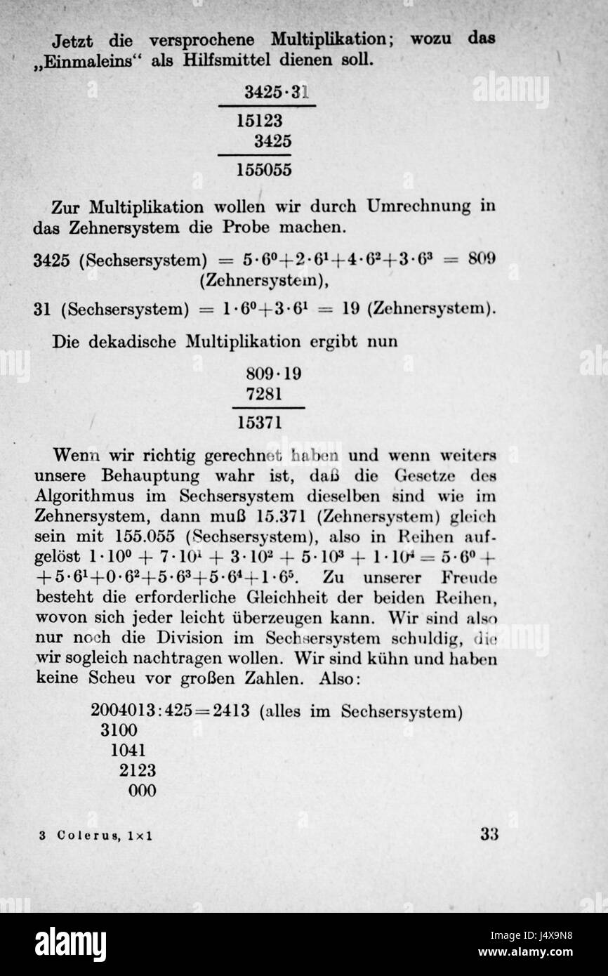 Dieser Titel bezieht sich auf eine Seite (033) in einer mathematischen Arbeit, die den Übergang von der Grundarithmetik (Einmaleins) zu Integralen diskutiert, die wahrscheinlich die Grundlagen des Kalküls oder einleitende mathematische Konzepte im Deutschen abdeckt. Stockfoto