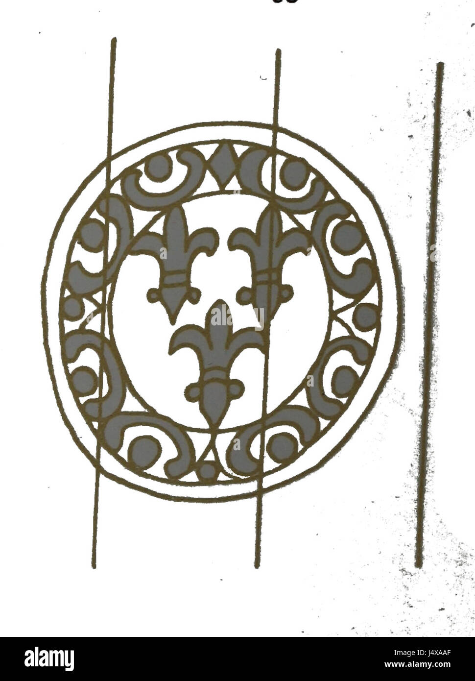 Das Bild mit dem Titel „Trois Lys“ präsentiert ein symbolisch reiches Design mit drei Lilien, oft verbunden mit Reinheit und Königtum. Dieses Stück hat wahrscheinlich eine kulturelle oder religiöse Bedeutung und repräsentiert Themen der Spiritualität oder Heraldik. Stockfoto