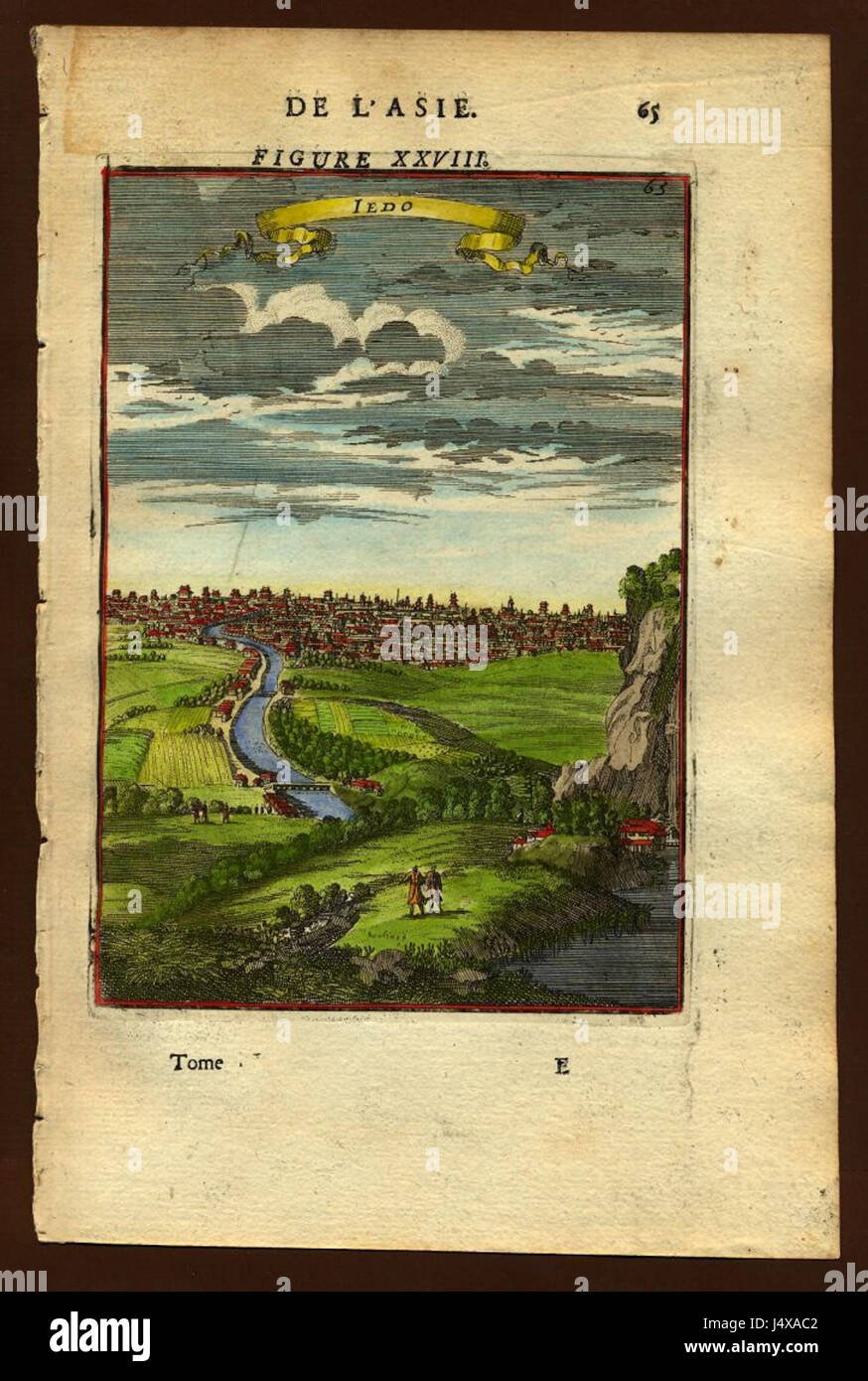 Dieser Blick auf Jedo, das moderne Tokio, aus dem Jahr 1683, fängt die Stadt in ihrer Edo-Zeit ein und zeigt historische Architektur, Straßen und die frühe Entwicklung der japanischen Hauptstadt. Stockfoto