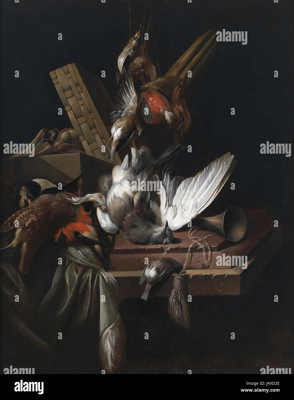 Ein Stillleben Gemälde von William Gowe Ferguson, das Wildvögel und Jagdgeräte zeigt, spiegelt die Faszination der Natur und der Natur des 19. Jahrhunderts wider. Stockfoto