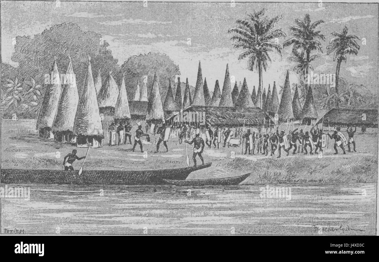 Dieses Bild zeigt ein Dorf am unteren Aruwimi-Fluss, der durch den nordöstlichen Teil der Demokratischen Republik Kongo fließt. Die Gegend ist bekannt für ihre natürliche Schönheit und lokale Gemeinden, die in der Nähe des Flusses leben. Stockfoto