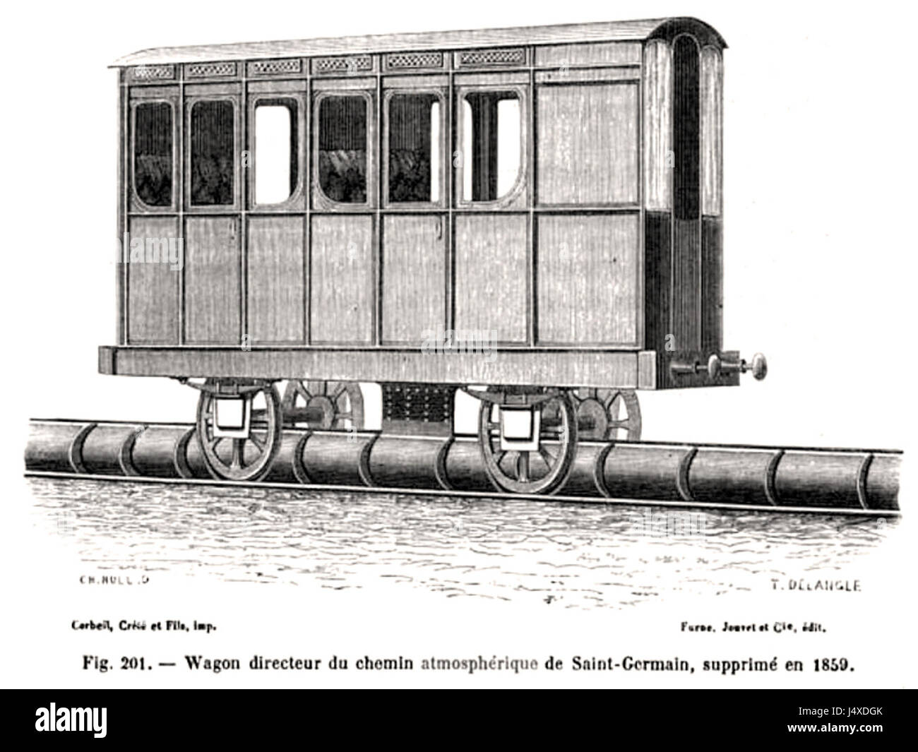 Der Begriff „Wagon directeur chemin atmosphärisch“ bezieht sich auf einen Fahrzeugtyp, der in atmosphärischen Eisenbahnen zum Einsatz kommt und für die Beförderung von Fahrgästen auf bestimmten atmosphärischen Eisenbahnstrecken ausgelegt ist. Diese Eisenbahnen waren frühe Transportformen, die Luftdruck für den Antrieb nutzten. Stockfoto