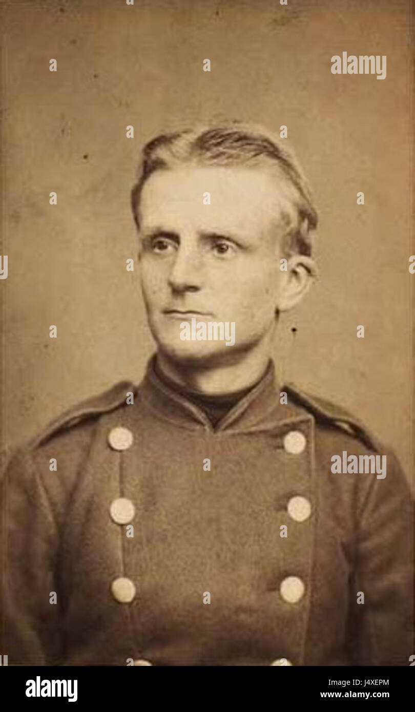 Ein Porträt oder eine Darstellung von Valdemar Raabye aus dem Jahr 1871, geschaffen von G.P. Jacobsen, das historische Kunst und die Darstellung dieses Individuums im späten 19. Jahrhundert zeigt. Stockfoto