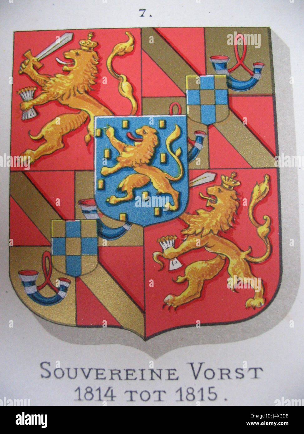 Das Wappen von Wilhelm I., Fürst der Niederlande, symbolisiert seine Rolle als Herrscher im 19. Jahrhundert und spiegelt seinen Status und sein Erbe in der europäischen Geschichte wider. Stockfoto