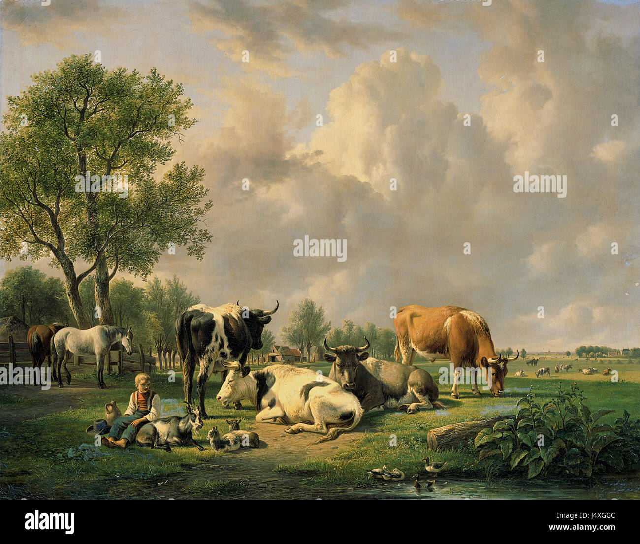 Weide Met vee, was auf Niederländisch „Weide mit Vieh“ bedeutet, ist ein Kunstwerk im Rijksmuseum in Amsterdam. Das Gemälde zeigt eine Pastoralszene mit Weidevieh, die ländliches Leben und Natur in der niederländischen Kunst betont. Stockfoto