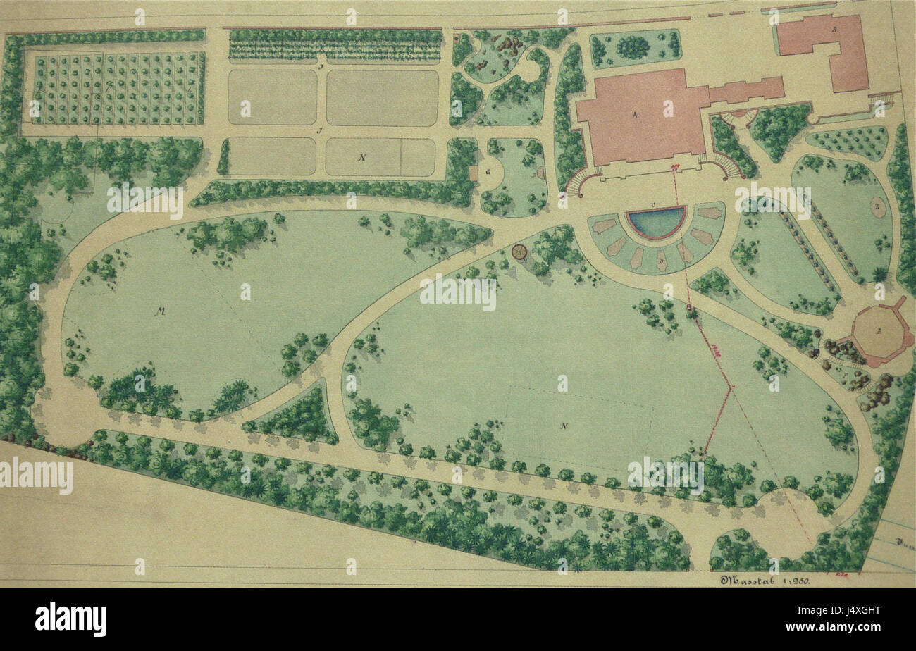 Das Bild zeigt den Grundriss der Villa Patumbah, einem historischen Herrenhaus in der Schweiz. Das architektonische Layout spiegelt das Design und die Raumordnung der Villa wider und zeigt ihre Besonderheiten und die historische Bedeutung als kulturelles Wahrzeichen. Stockfoto