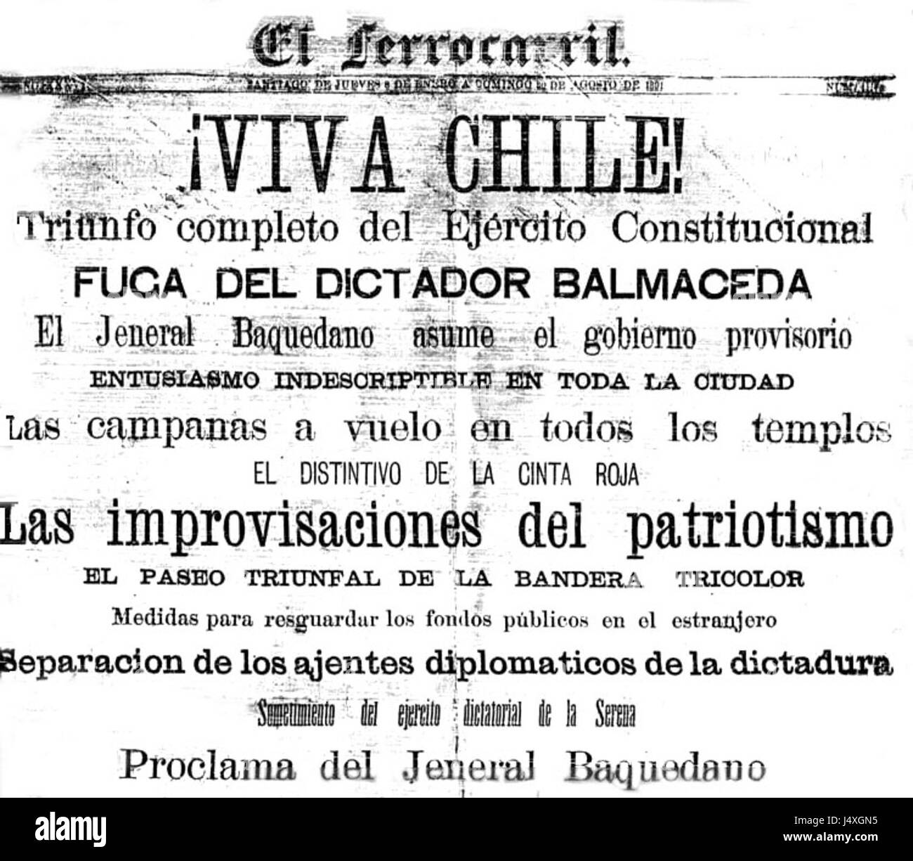 „Viva Chile!“ War ein patriotischer Slogan, der mit dem Widerstand Chiles während des Bürgerkriegs von 1891 in Verbindung gebracht wurde und den nationalen Stolz und politischen Konflikt betonte. Der Satz wurde symbolisch für chilenische Einheit und Widerstand gegen fremde Einflüsse. Stockfoto