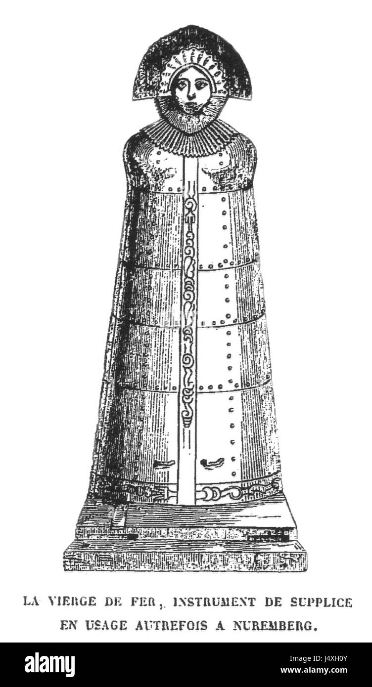 Die Vierge de Fer, oder Eiserne Jungfrau in Nürnberg, ist ein mittelalterliches Foltergerät, das für seine eiserne Struktur bekannt ist, die Schmerzen verursacht. Sie wurde im Mittelalter in Europa, insbesondere in Deutschland, zur Hinrichtung oder Bestrafung verwendet. Stockfoto