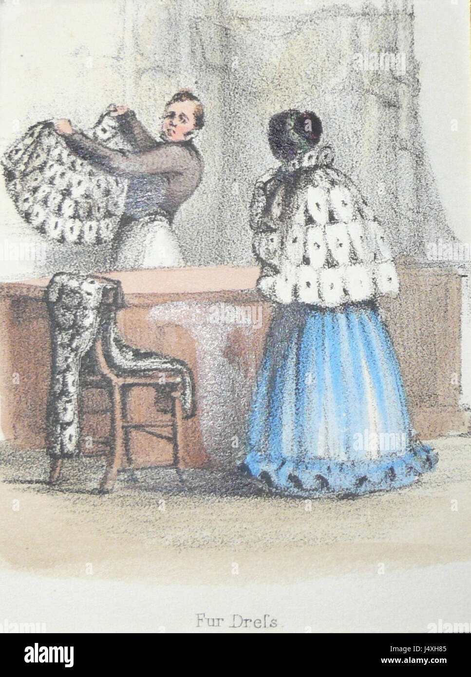 Frau und Einzelhändler mit Eichhörnchen Fell Kleidungsstück 1840 Stockfoto