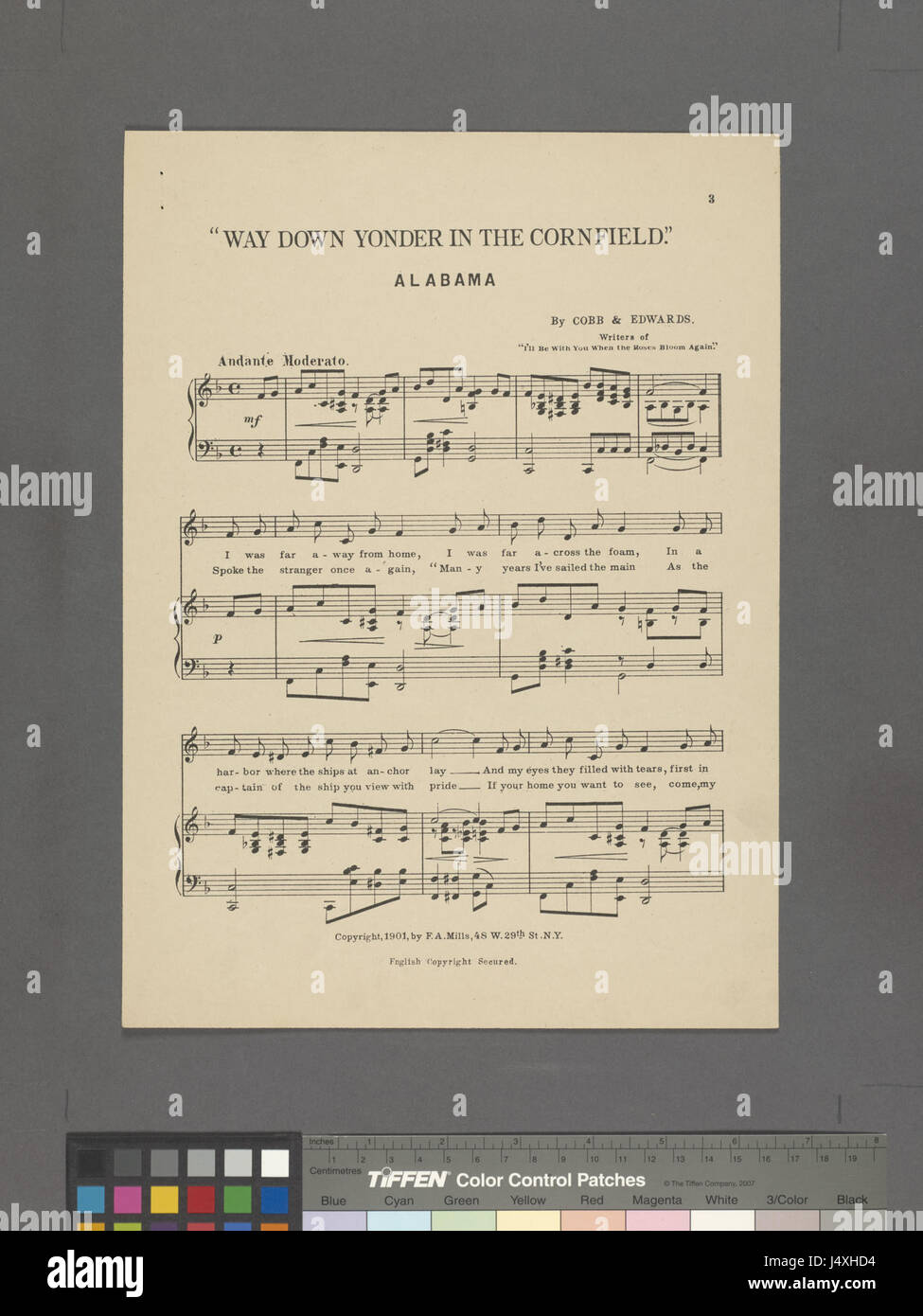 Dieser Titel bezieht sich auf ein Bild oder ein Archivwerk mit dem Titel „Way Down Yonder in the Cornfield“, möglicherweise eine Referenz auf ein Lied oder ein historisches Stück über Alabama, das in der New York Public Library untergebracht ist. Das Thema dreht sich um das ländliche Leben Alabamas, wahrscheinlich mit einem Schwerpunkt auf der Landwirtschaft und den Traditionen. Stockfoto