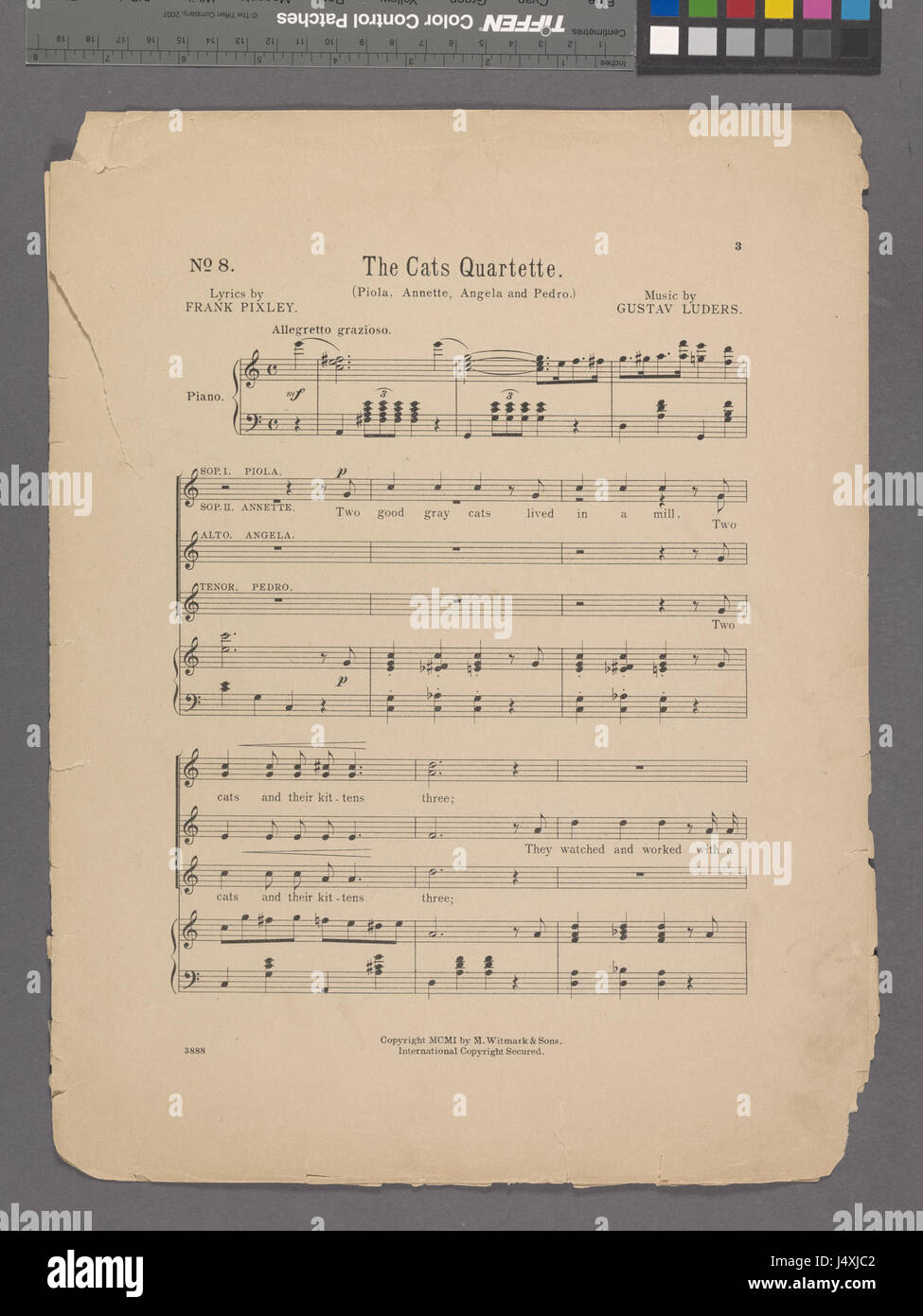 „The Cats Quartette“ ist ein Kunstwerk, das eine Gruppe von vier Katzen darstellt, wahrscheinlich in einer verspielten oder skurrilen Umgebung. Es wurde als Teil der Sammlung NYPL Hades 1925814 1953324 erfasst, möglicherweise in einem kulturellen oder künstlerischen Archiv. Stockfoto