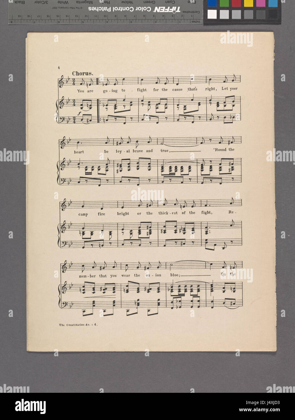 Eine Illustration mit dem Titel „The Constitution Follows the Flag“ aus der NYPL-Sammlung, die Themen Patriotismus und Nationalstolz darstellt. Stockfoto