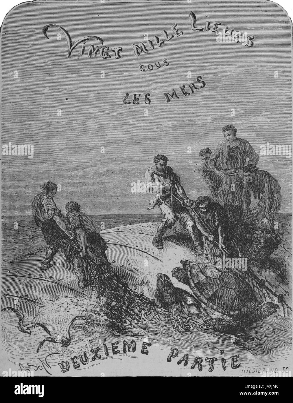 Dies ist eine Illustration oder ein Werk im Zusammenhang mit Jules Vernes *Vingt Mille Lieues Sous les Mers* (zwanzigtausend Ligen unter dem Meer), speziell ein Erstauflage Druck oder Originalkunstwerk aus dem klassischen Science-Fiction-Roman über Unterwasserforschung und den mysteriösen Captain Nemo. Stockfoto