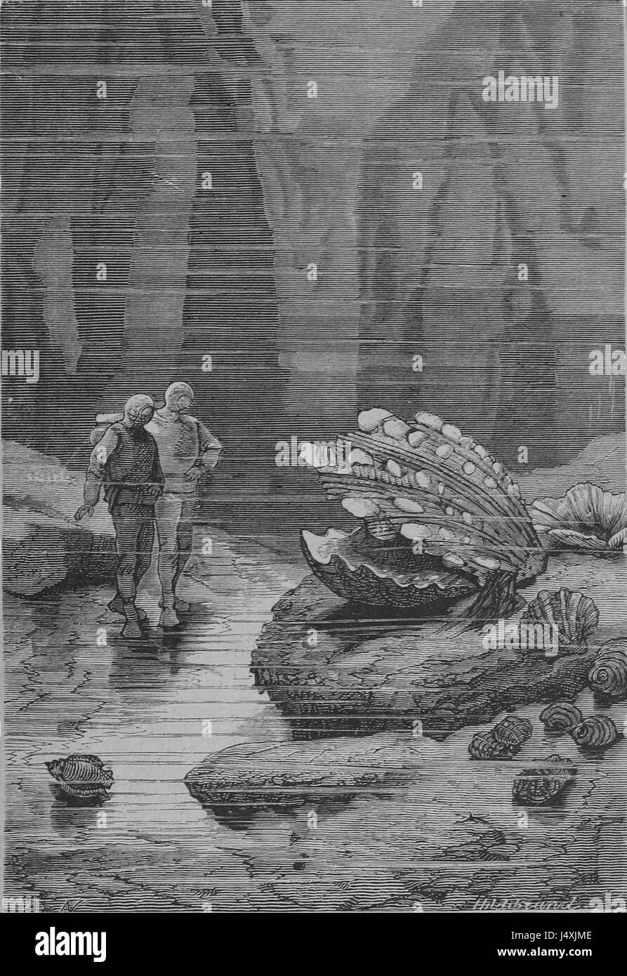 Vingt Mille Lieues sous les Mers, oder Twenty Twenty Thousand Leagues Under the Sea, ist ein berühmter Abenteuerroman von Jules Verne, der erstmals 1870 veröffentlicht wurde. Die Geschichte folgt Professor Pierre Aronnax, seinem Diener Conseil und einem kanadischen Walfänger Ned Land, wie sie von Kapitän Nemo an Bord des U-Bootes Nautilus gefangen genommen werden. Stockfoto
