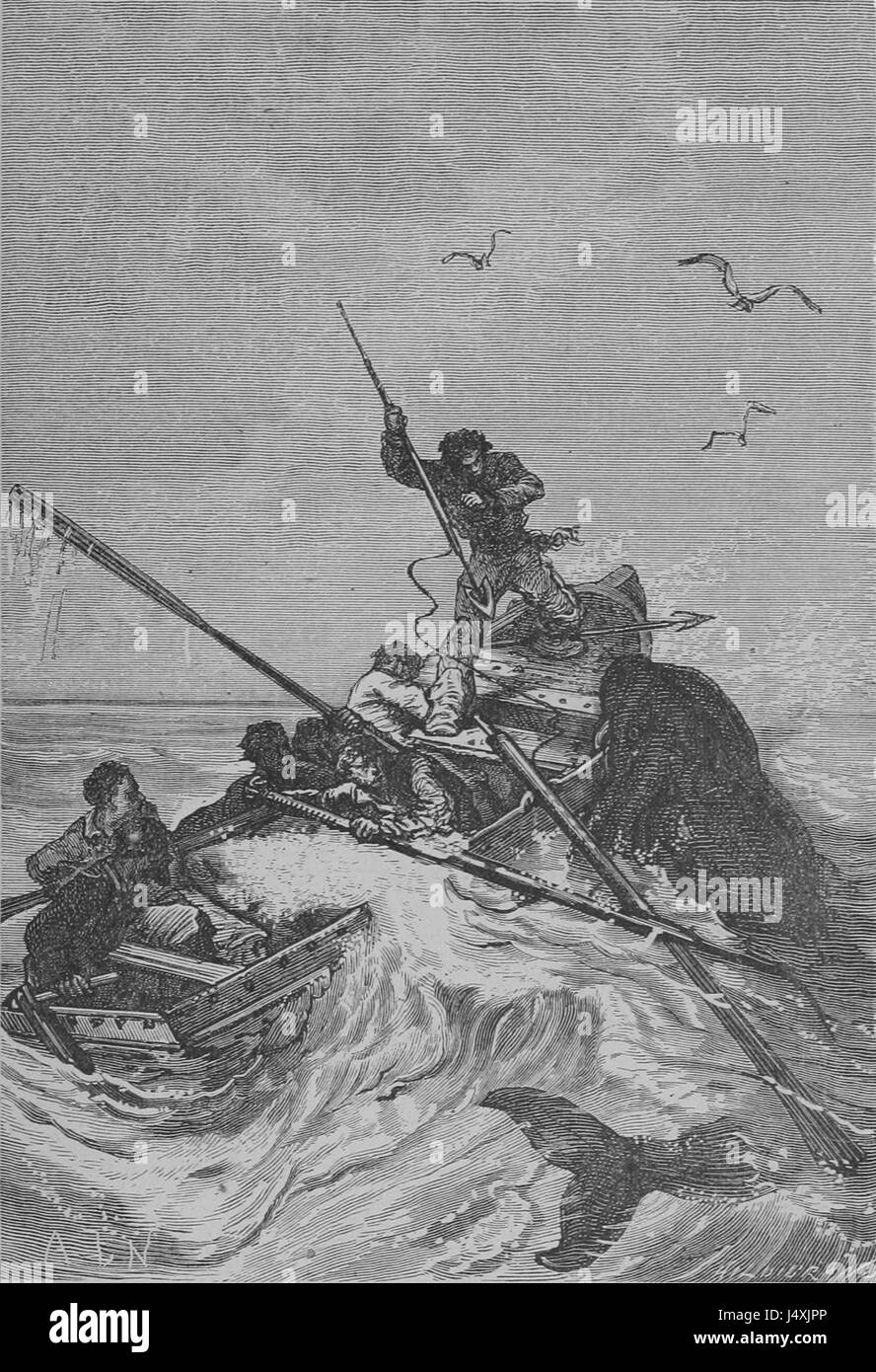 Dieser Titel bezieht sich auf ein historisches Dokument oder eine Illustration, die wahrscheinlich mit dem französischen Werk Vingt Mille Lieues Sous les Mers (20 Meilen unter dem Meer) zusammenhängt, möglicherweise eine frühe Version oder Originalillustration aus dem Roman von Jules Verne. Stockfoto