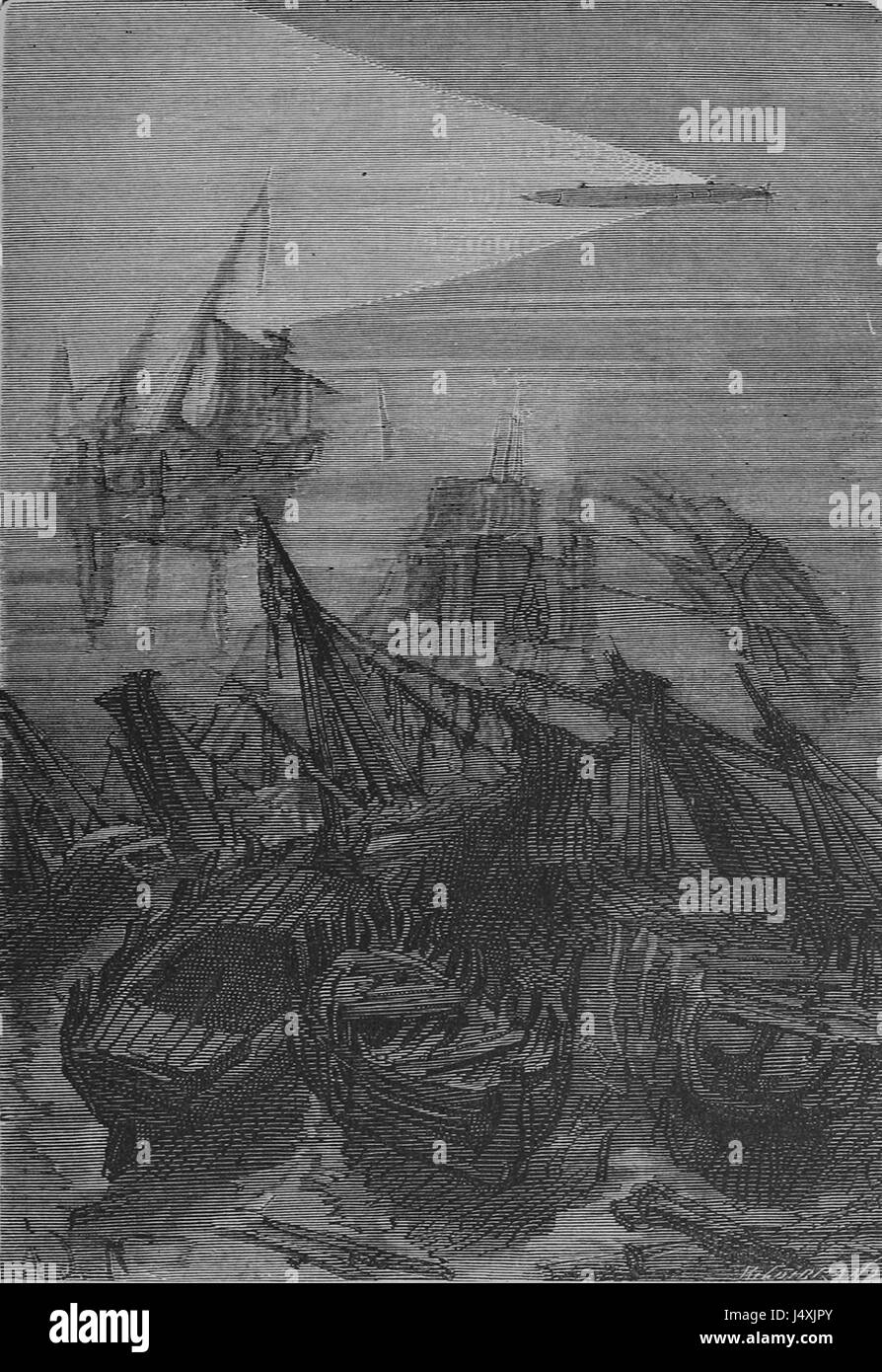 *Vingt mille lieues sous les mers* (Twenty Thousand Leagues Under the Sea) von Jules Verne ist ein Science-Fiction-Roman, der mit Captain Nemo Unterwasserabenteuer erforscht. Das Originalmanuskript zeigt Vernes bahnbrechende Ideen zur U-Boot-Exploration. Stockfoto