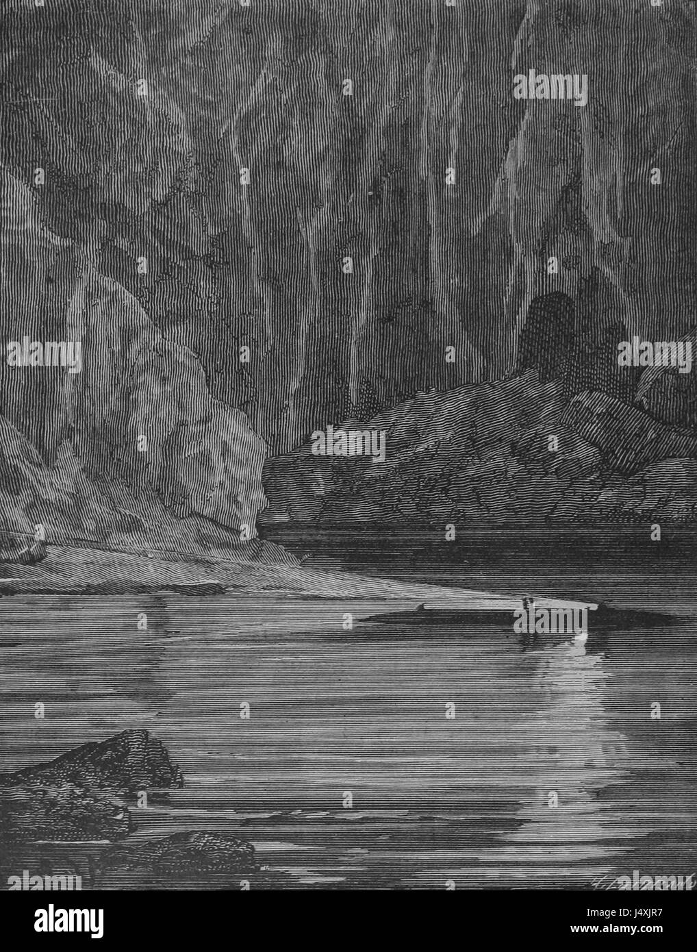 *Vingt mille lieues sous les mers* (Twenty Twenty Thousand Leagues Under the Sea) ist ein Roman von Jules Verne, der in dieser Originalabbildung dargestellt wird. Die Arbeit erforscht die Abenteuer von Kapitän Nemo und dem U-Boot *Nautilus* im 19. Jahrhundert und spiegelt Verneâ Vision von futuristischer Technologie und Meeresforschung wider. Stockfoto