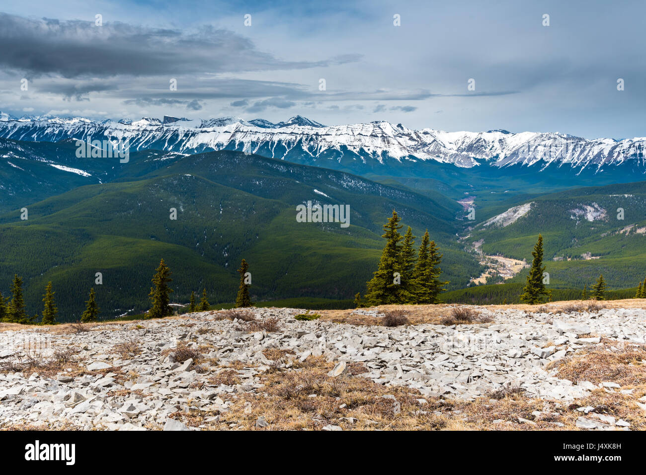Einen herrlichen Blick auf den Osthängen der kanadischen Rocky Mountains Alberta Kanada im Frühling Stockfoto