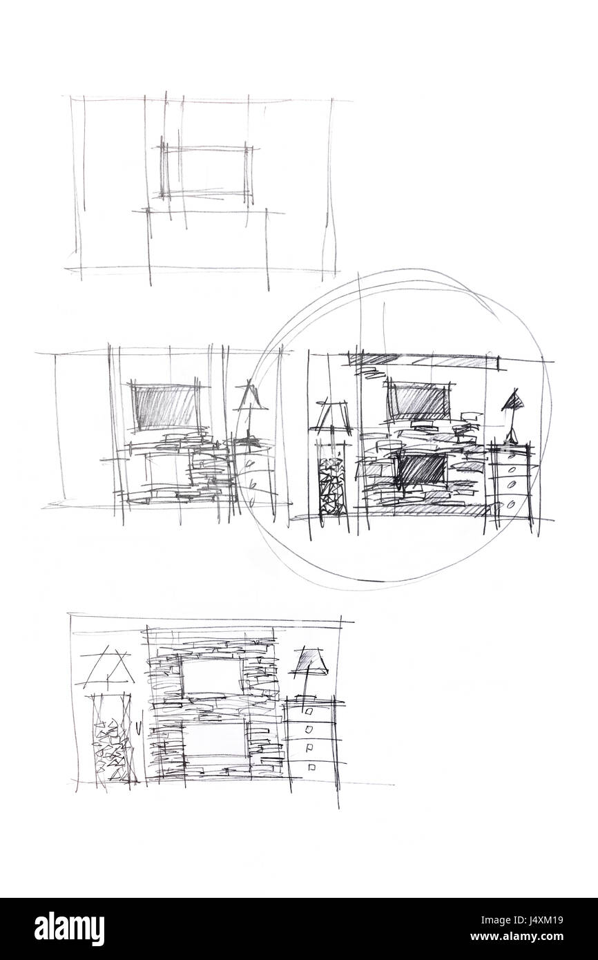 groben Handzeichnungen von Wohnzimmer Design als eine der Optionen für modernes Interieur Stockfoto