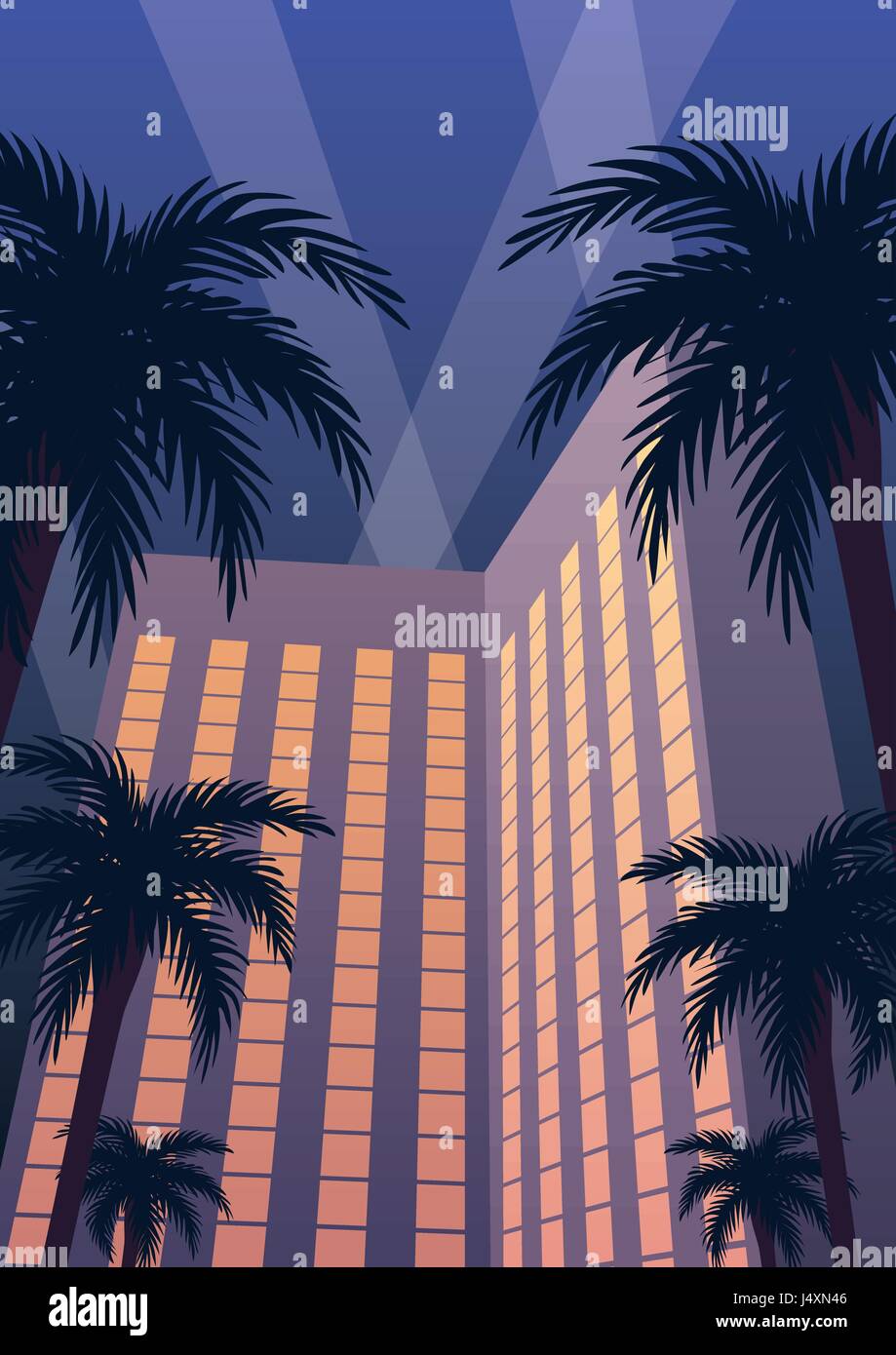 Hotel und Casino Resort in der Nacht im Art Deco Stil. Stock Vektor