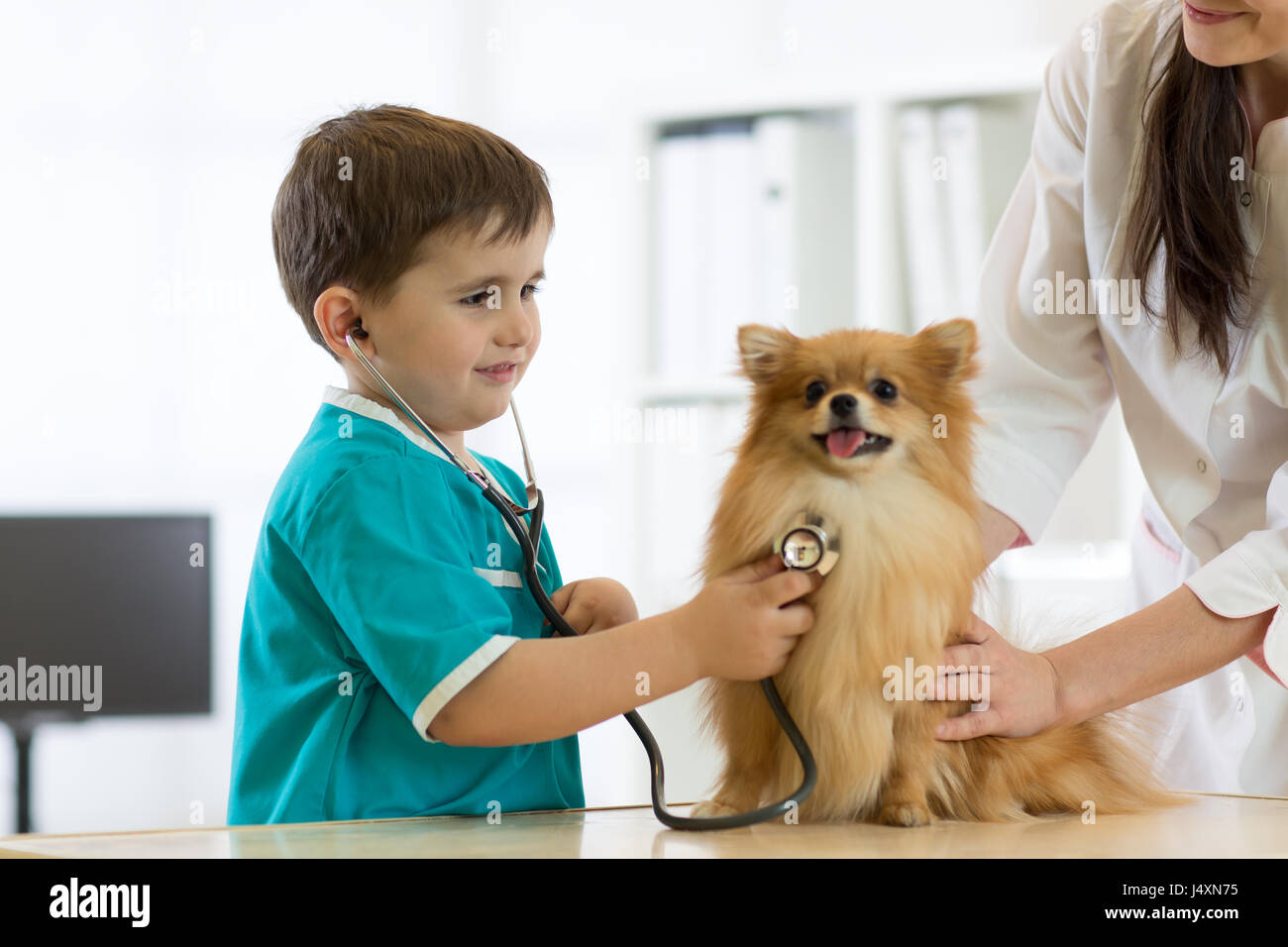 Boy bei der Tierarzt mit seinem Hund Stockfoto