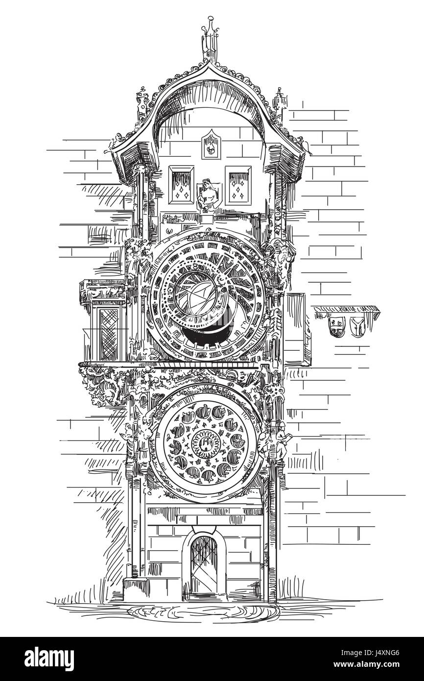 Astronomische Uhr in Prag, Tschechische Republik-Vektor-Hand Zeichnung Illustration in schwarzer Farbe auf weißem Hintergrund Stock Vektor