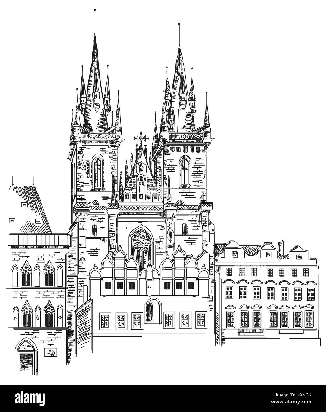 Vektor Handzeichnung Außenillustration Tyn Kirche in der Altstadt von Prag in der Tschechischen Republik Stock Vektor