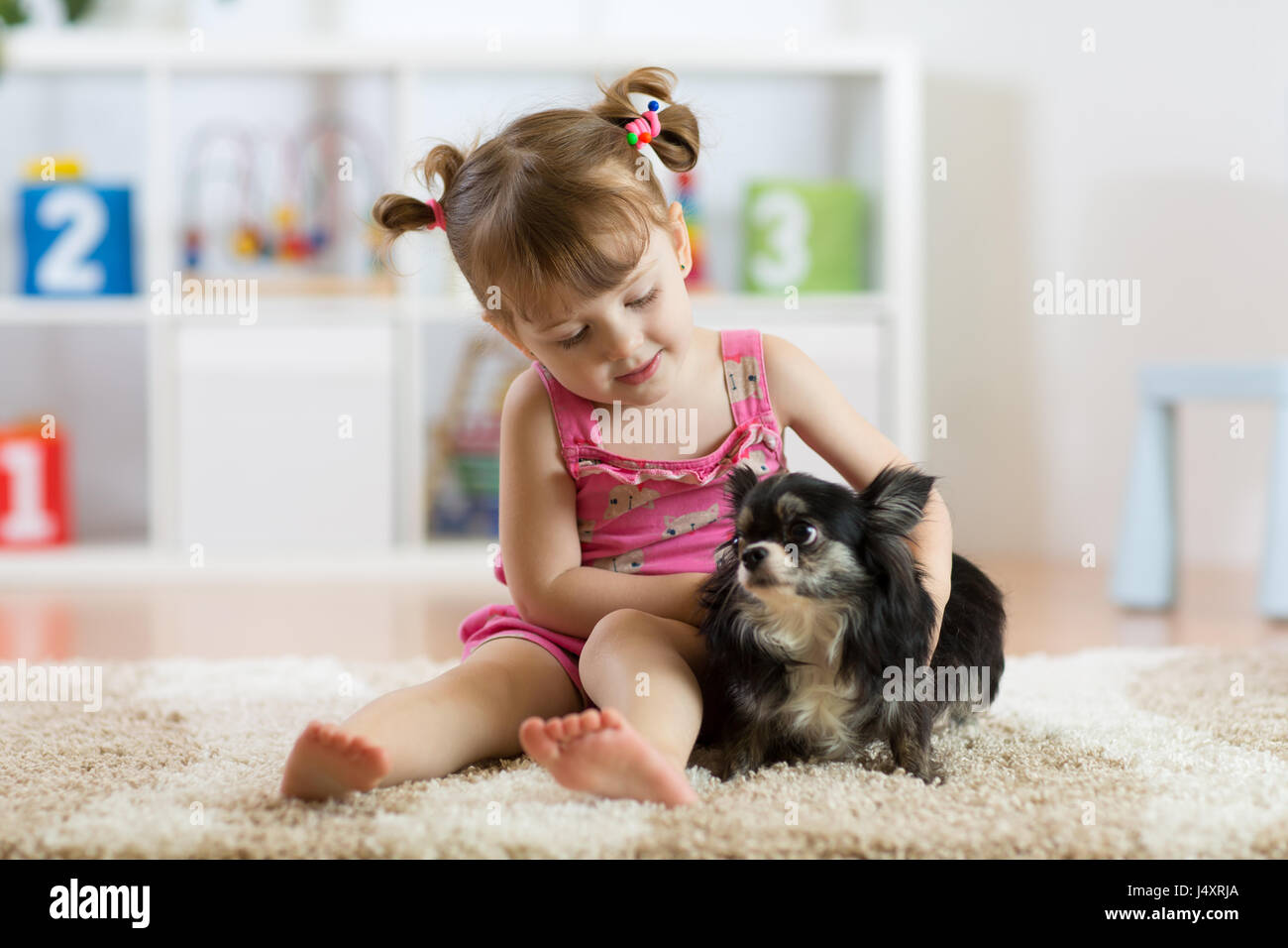 Kleine Mädchen und kleinen niedlichen Hund im Wohnzimmer Stockfoto