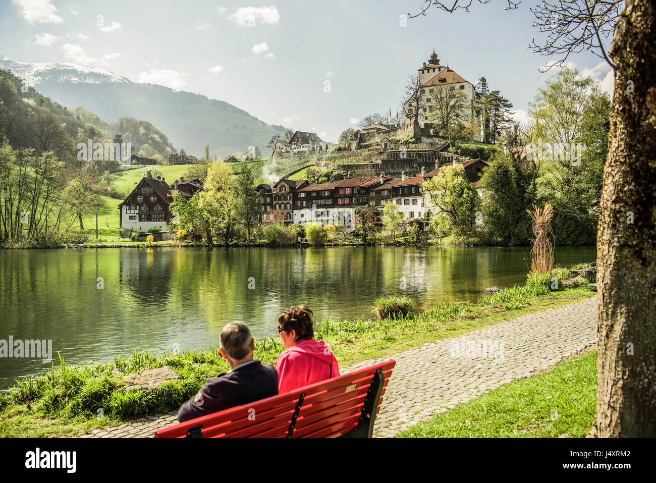 Blick auf Werdenberg Schloss Seewassers Buchs, Sankt Gallen Kanton der  Schweiz zu sehen. Derek Hudson / Alamy Stock Foto Stockfotografie - Alamy