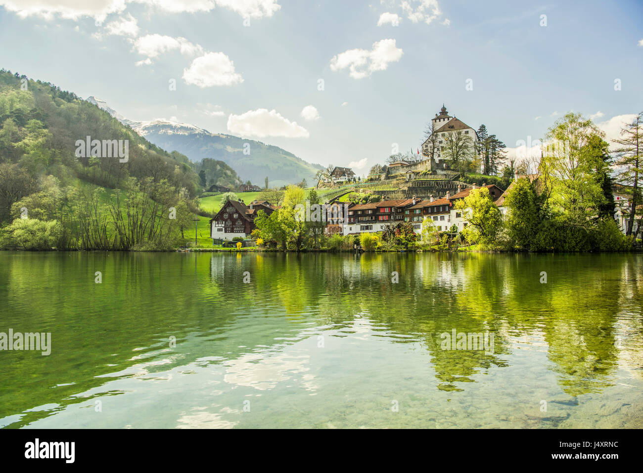 Blick auf Werdenberg Schloss Seewassers Buchs, Sankt Gallen Kanton der Schweiz zu sehen. Derek Hudson / Alamy Stock Foto Stockfoto