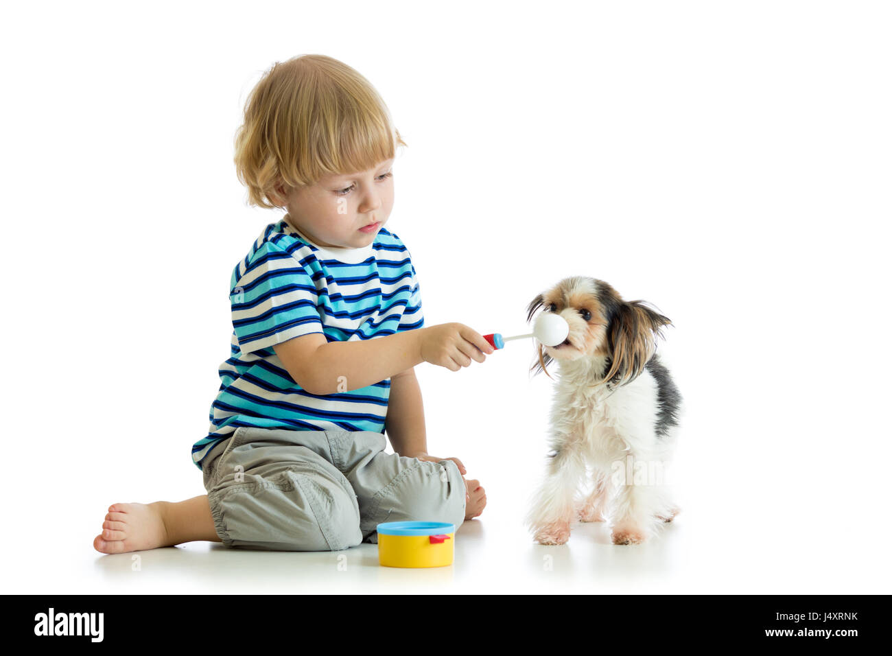 Kid spielen mit Hund und seine mit Spielzeug Löffel füttern Stockfoto