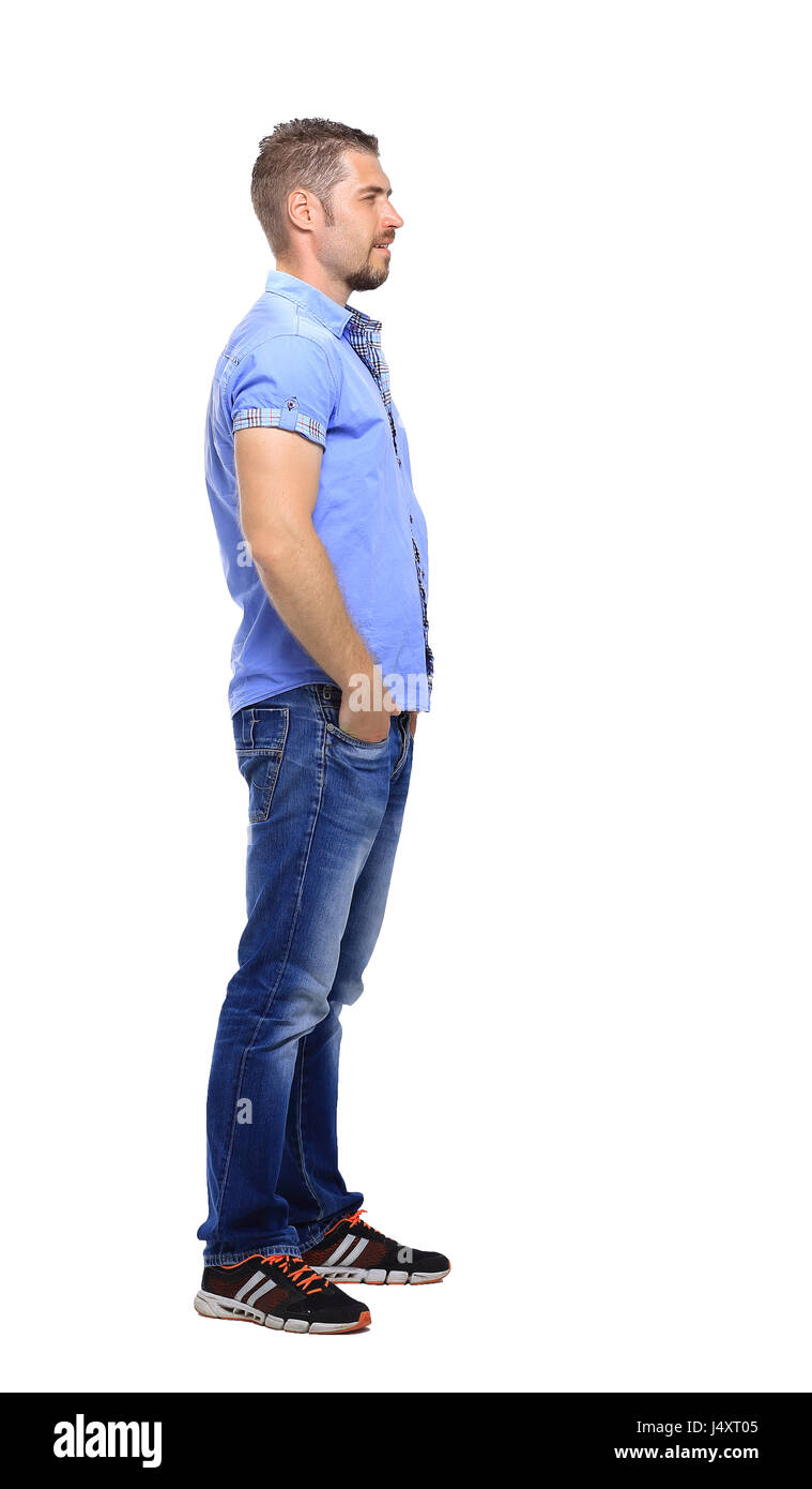 Ganzkörper von junger Mann auf der Suche nach isoliert auf weißem Hintergrund Stockfoto